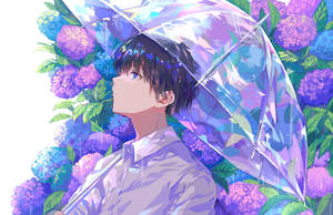 Aesthetic Anime Boy Purple Flowers Wallpaper