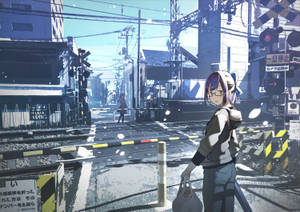 Aesthetic Anime City Train Crossing Wallpaper