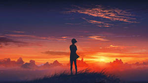 Aesthetic Anime Desktop Girl Watching Sunset Wallpaper