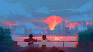 Aesthetic Anime Desktop Kids Viewing Sunset Wallpaper