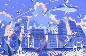 Aesthetic Anime Desktop Man On Railing With Flying Fish Wallpaper