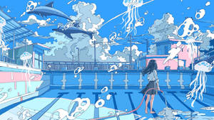 Aesthetic Anime Desktop Swimming Pool With Floating Fish Wallpaper