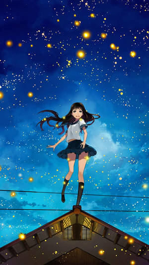 Aesthetic Anime Girl On Roof With Fireflies Phone Wallpaper