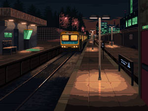 Aesthetic Pixel Art Of A Train Station Wallpaper