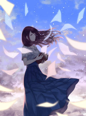 Aesthetic Sad Anime Girl Long Blue Skirt Wallpaper