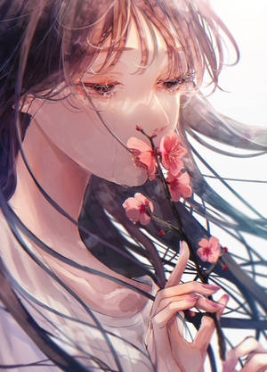 Aesthetic Sad Anime Girl Pink Flowers Wallpaper