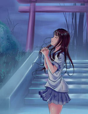 Aesthetic Sad Anime Girl Praying In Rain Wallpaper
