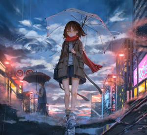 Aesthetic Sad Anime Girl Red Scarf Wallpaper