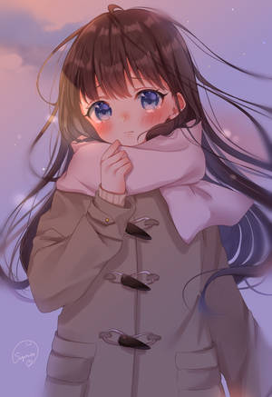 Aesthetic Sad Anime Girl Winter Coat Wallpaper