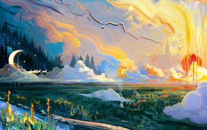 Aesthetic Sun And Moon Painting Wallpaper