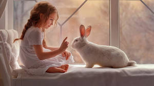 Aesthetic White Rabbit And A Girl Wallpaper