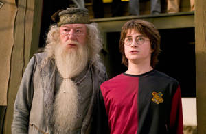 Albus Dumbledore And Harry Potter Exploring Magic Together Wallpaper