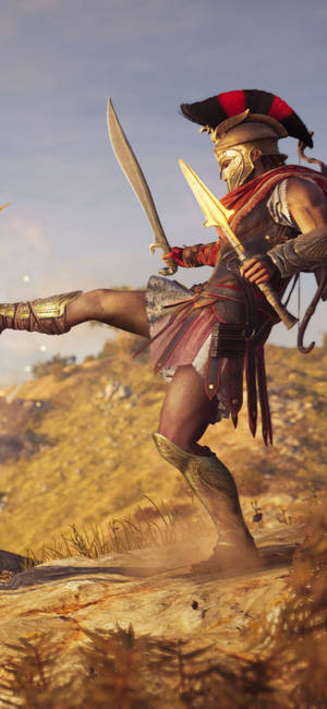 Alexios With His Spear And Sword Odyssey Iphone Wallpaper