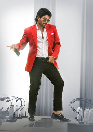 Allu Arjun Hd Red Jacket Dancing Wallpaper