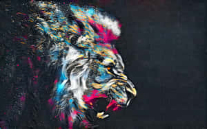 An Abstract Painting Of A Majestic Lion In Front Of An Orange Sunset Wallpaper