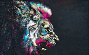 An Abstract Painting Of A Majestic Lion In Front Of An Orange Sunset Wallpaper