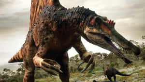 An Awestruck Spinosaurus Walking Through The Ancient Valley Wallpaper