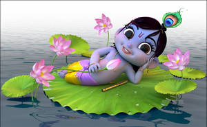 An Enchanting Depiction Of Little Krishna In High-definition Resting On A Lily Pad Wallpaper