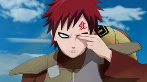 An Ipad Wallpaper Of Gaara From The Anime Series Naruto Focusing And Staring At Something, With Two Of His Fingers Covering His Right Eye. Wallpaper