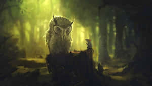 An Owl Is Standing On A Stump In The Forest Wallpaper