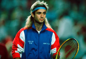 Andre Agassi Sporting Blue Headband On Tennis Court Wallpaper