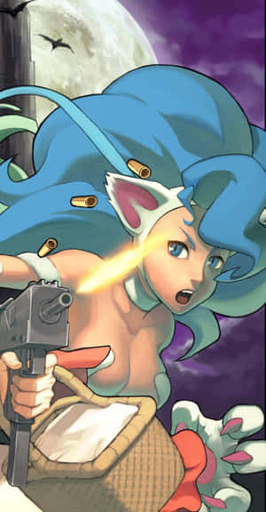 Animated Blue Haired Warrior Firing Gun Wallpaper