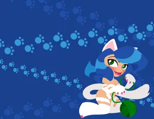 Animated Cat Girl Blue Background Wallpaper