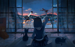 Animated Girl Plays Toy Plane Wallpaper