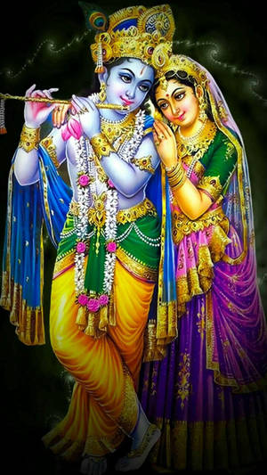 Animated Image Of Radha Leaning On Krishna's Shoulder Wallpaper