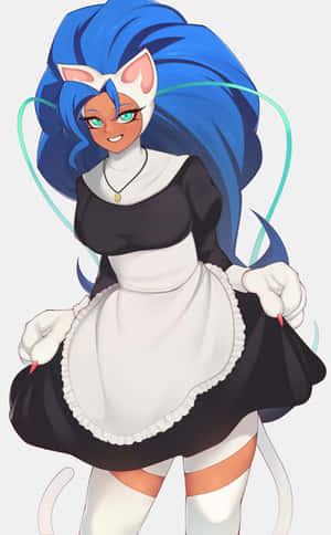 Animated Maidwith Blue Hairand Cat Features Wallpaper