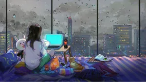 Animated Rain Weather With A Cat Computer Wallpaper