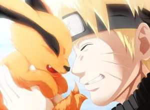 Animated Thrill With Naruto And Little Kurama Wallpaper