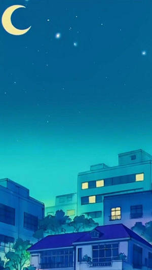 Animation Retro Anime Crescent Moon Above Houses Wallpaper