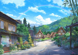 Animation Village With Wooden Houses Wallpaper