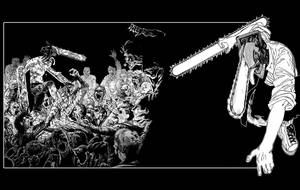 Anime Art Black And White Chainsaw Man Denji Fight Wallpaper