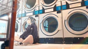 Anime Characterin Laundromat Wallpaper