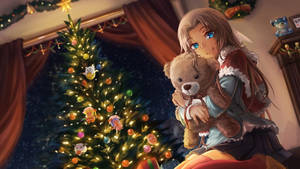 Anime Christmas Girl With Teddy Bear Wallpaper