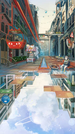 Anime City Reflection Mobile Wallpaper