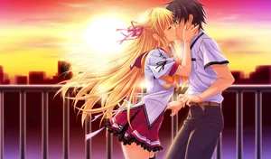 Anime Couple Kiss During Beautiful Sunset Wallpaper