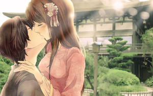 Anime Couple Kiss Outside The Temple Wallpaper