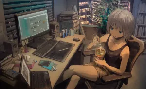 Anime Girl Eats Instant Noodles In Front Of Laptop Wallpaper