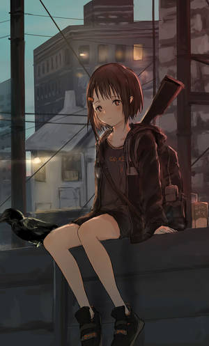 Anime Girl Sad Alone On Ledge Wallpaper
