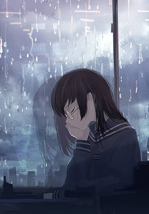 Anime Girl Sad Alone Sleeping Rainy Night Wallpaper