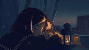 Anime Girl Sad Alone Sleeping With Lantern Wallpaper