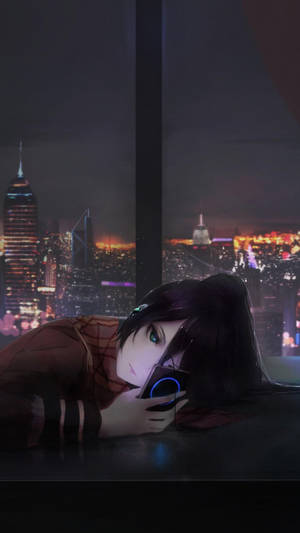 Anime Girl Sad Alone Using Phone On Desk Wallpaper