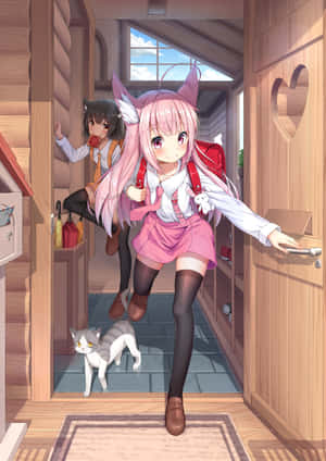 Anime Girl With Cat Ears Entering Home Wallpaper