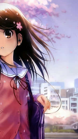 Anime Girl With Long Hair Standing In Front Of A City Wallpaper