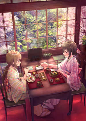 Anime Girls At A Cafe Wallpaper