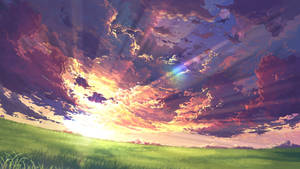 Anime Scenery Sunset Field Wallpaper