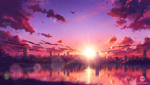 Anime Scenery Sunset River Wallpaper